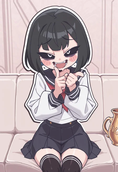 masterpiece, best quality, lazypos, reagan long style, pixelsketcher,
TOONCITY_ST,Rapscallionstyle,
BREAK,
nnnnnsty, blush stickers,black sclera,black eyes,bags under eyes, solid oval eyes, white eyes,outline, white outline,
1girl, solo, shortstack, hand to mouth, hiding mouth with hand, ((laughing)), (pointing at user), ((mocking, mocking user)), sofa, mouth open, pointing, colored hair, blunt bang, short hair, skirt, legwear, school uniform, short girl,