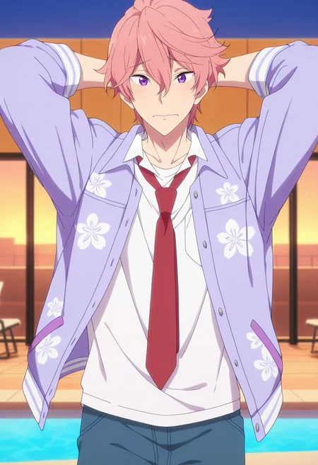 masterpiece, best quality, , anime screencap, , ,, 1boy, solo, male focus, <lora:kisumi_shigino_ilxl:0.92>, kisumi_shigino, pink hair, purple eyes, hair between eyes, white shirt, collared jacket, red necktie, focused, pool, dawn, arms behind head, wavy mouth, closed mouth, Denim bermuda shorts, Crepe Floral Polo jacket, , ,