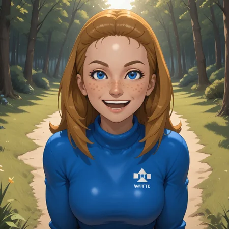 score_9, score_8, BREAK, solo, wii, mii, dark blonde hair, blue eyes, freckles, open mouth, dark blue clothing, 1girl, black pants, breasts, Abby_(Wii_Sports), wii sports, female mii, 1girl, cute, shoes, nintendo mii, modern_mii, classic_mii, sexy pose, smile, outdoors, sunlight, shadows, evening lighting, natural lighting, forest, trees, grass, orange sky, sunset
