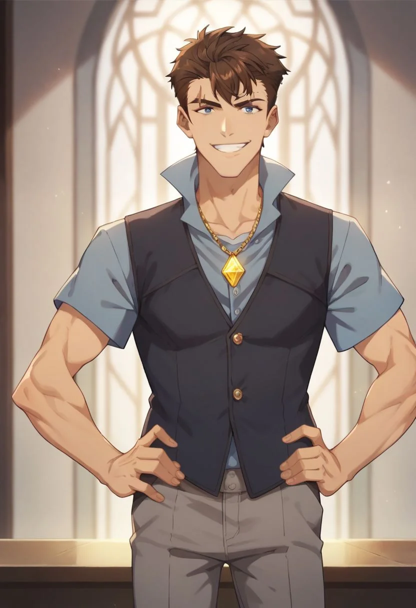 score_9, score_8_up, score_7_up,
1boy, solo, adult, brown hair, blue eyes, eyebrow scar, black simple vest, blue shirt, yellow gem necklace, grey pants, hands on hip, smile, looking at viewer, portrait
masterpiece, best quality, very aesthetic, absurdres
