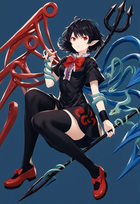 score_9, score_8_up, score_7_up, score_6_up, score_5_up, score_4_up, source_anime, solo, 1girl, 
houjuu_nue,red_eyes,black_hair,short_hair,asymmetrical_wings,red_wings,blue_wings,pointy_ears,black_dress,short_dress,short_sleeves,frilled_dress,tomoe_\(symbol\),center_frills,buttons,red_bowtie,black_thighhighs,mary_janes,red_footwear,footwear_bow,red_bow,zettai_ryouiki,wristband,trident,snake, 
masterpiece, best quality, very aesthetic, absurdres,