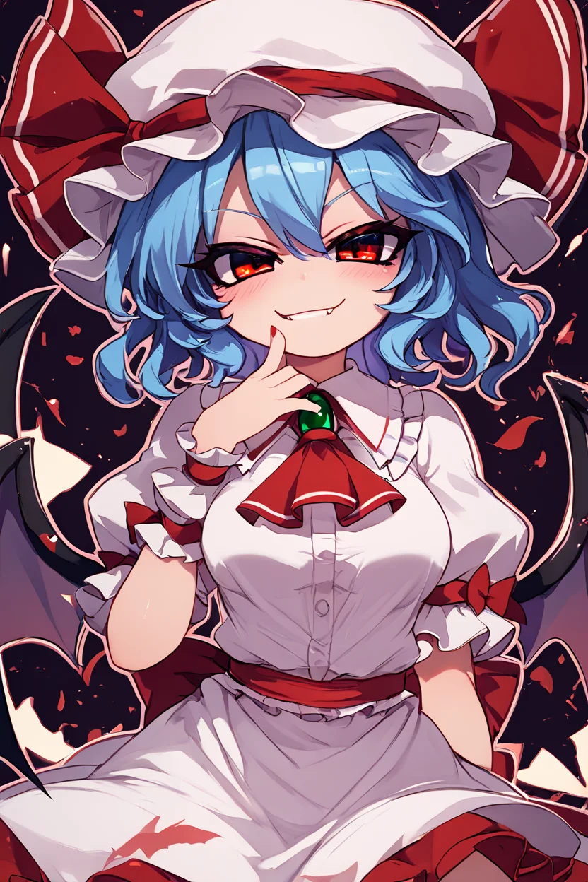 score_9, score_8_up, score_8, medium breasts, (curvy), cute, eyelashes,       BREAK, , zzRemilia, red eyes, blue hair, short hair, hat, ribbon, wings, ascot, hat ribbon, bat wings, short sleeves, frills, puffy sleeves,  smile, smug,  <lora:Remilia_Touhou_PDXL:0.8>, BREAK, smile, looking at viewer, cowboy shot, ,,, embedding:zPDXL, Expressiveh, ,,, <lora:Zankuro_Style_PDXL:0.8> <lora:SDXLFaeTastic2400:0.5>, <lora:Expressive_H-000001:0.4>,