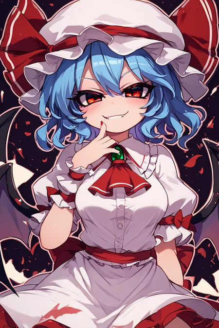 score_9, score_8_up, score_8, medium breasts, (curvy), cute, eyelashes, BREAK, , zzRemilia, red eyes, blue hair, short hair, hat, ribbon, wings, ascot, hat ribbon, bat wings, short sleeves, frills, puffy sleeves, smile, smug, <lora:Remilia_Touhou_PDXL:0.8>, BREAK, smile, looking at viewer, cowboy shot, ,,, embedding:zPDXL, Expressiveh, ,,, <lora:Zankuro_Style_PDXL:0.8> <lora:SDXLFaeTastic2400:0.5>, <lora:Expressive_H-000001:0.4>,