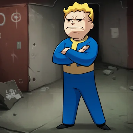 Score_7_up, score_8_up, solo male, vaultboy, blonde hair, simple face, vault suit, full body, crossed arms, angry, grumpy, frown, indoors, bunker setting, dim lighting,