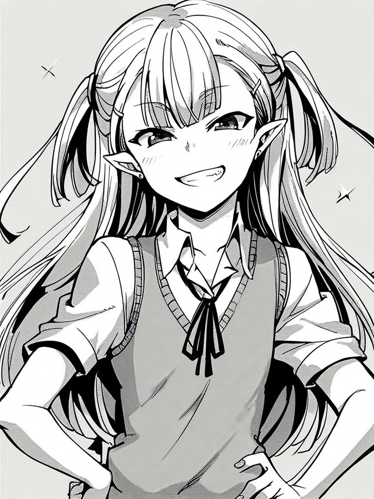 score_9, score_8_up, score_7_up,  
1girl, monochrome, sakuba shitome, white hair, long hair, two side up, pointy ears, flat chest,

upper body, smile, hand on hip, v, grin, looking at viewer, sweater vest, white shirt, short sleeves, neck ribbon,