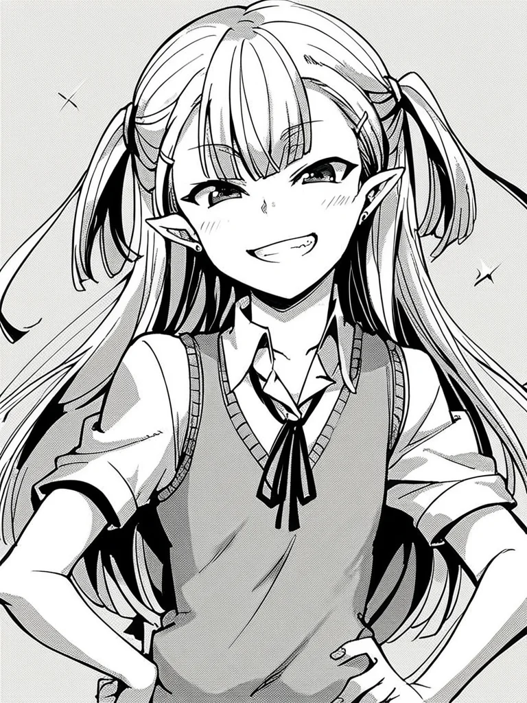 score_9, score_8_up, score_7_up,
1girl, monochrome, sakuba shitome, white hair, long hair, two side up, pointy ears, flat chest,
upper body, smile, hand on hip, v, grin, looking at viewer, sweater vest, white shirt, short sleeves, neck ribbon,