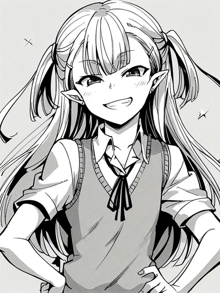 score_9, score_8_up, score_7_up,  
1girl, monochrome, sakuba shitome, white hair, long hair, two side up, pointy ears, flat chest,

upper body, smile, hand on hip, v, grin, looking at viewer, sweater vest, white shirt, short sleeves, neck ribbon,
