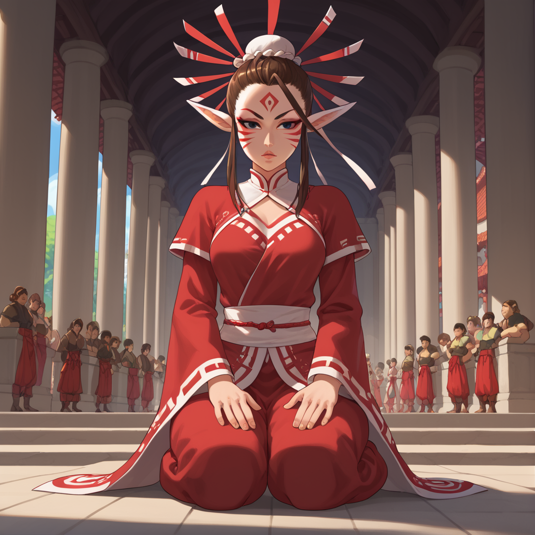 anime artwork Masterpiece, high quality, score_9, score_8_up, score_7_up, 1girl, ritual, ceremony, temple, solemn, puckered lips, facepaint,  <lora:kneeling_hands_on_thighs_-_pony:0.6> kneeling hands on thighs <lora:PeopleCount:2> full_body, wide shot, crowd <lora:Ursula_Breath_of_Fire_IV_XL:0.8> brown hair, black eyes, sidelocks, single hair bun, bun cover, eyeliner, pointy ears, animal ears, fox tail, medium breasts . anime style, key visual, vibrant, studio anime,  highly detailed