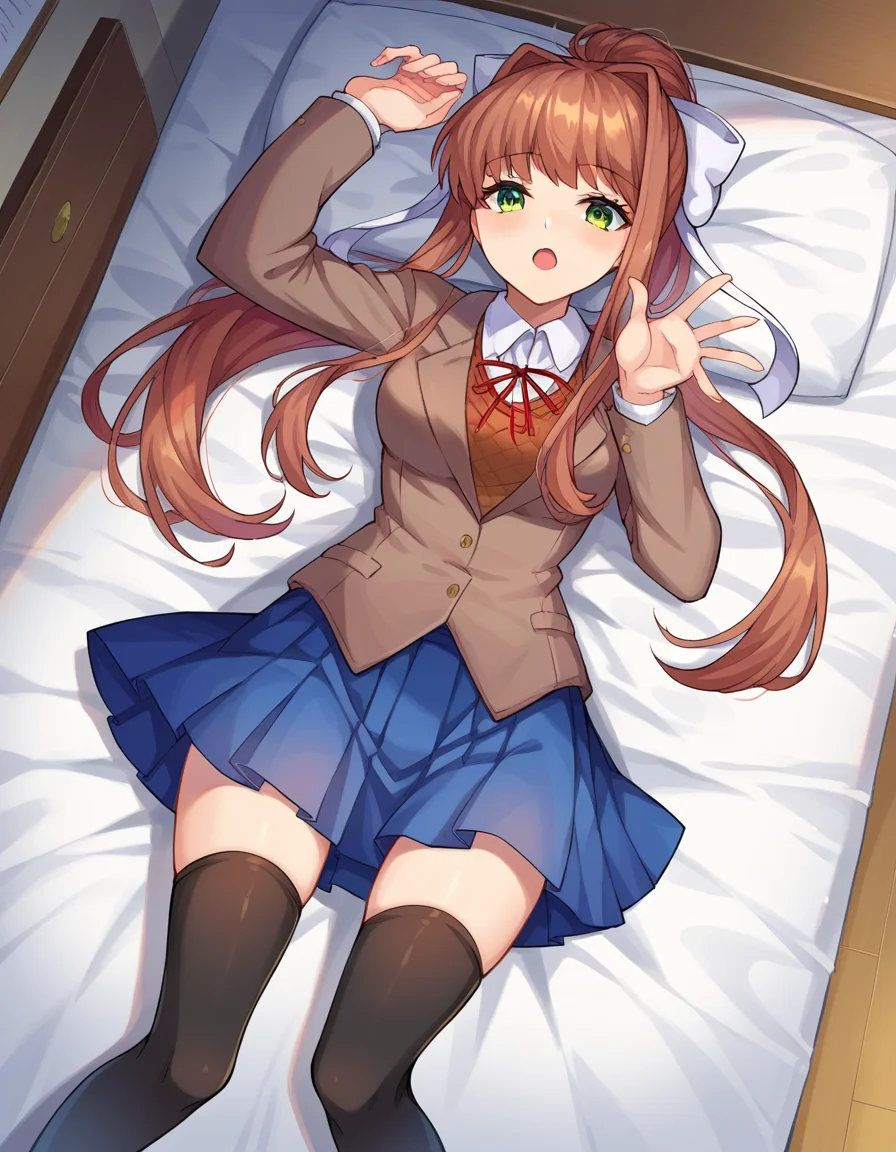 score_9, score_8_up, score_7_up, source_anime,
ddlcmonika, <lora:ddlc-monika-ponyxl-lora-nochekaiser:1>
ddlcmonika, blunt bangs, brown hair, green eyes, long hair, ponytail, ribbon, white ribbon, hair ribbon, sidelocks,
black thighhighs, blue skirt, brown jacket, jacket, long sleeves, mary janes, over-kneehighs, pleated skirt, school uniform, shoes, skirt, thighhighs, zettai ryouiki
indoors, bed, bed room, on back, arm support, arms up, incoming hug, pov, reaching, reaching towards viewer,
looking at viewer, dutch angle, cowboy shot,