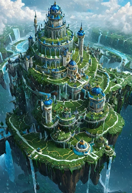 castle,
A traveler looking at a gigantic castle made of dozens of towers, medical, white, grass,matchcraft floating island , ((floating island)), ((towers )),( sky ), (fly ), cloud,waterfall, raining, breezes, stream of water, river
