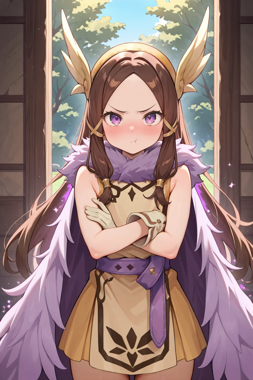 masterpiece, very aesthetic, absurdres, best quality, amazing quality, high resolution, newest, very awa, <lora:illustrious_quality_modifiers_masterpieces_v1:0.8> , <lora:ChamIllustriousBackgroundEnhancer:0.5>,  (solo),    <lora:ValkyrieYggdraIL:0.8> ,  valkdef, 1girl, purple eyes, brown hair, long hair, winged hairband, fur cloak, yellow tunic, purple belt, gloves, cowboy shot, day, heavenly aura, frown, looking at viewer, crossed arms, pout,