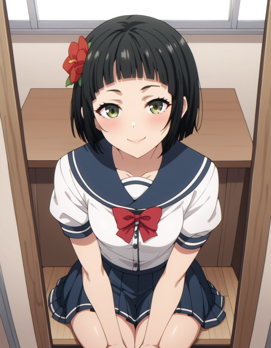 score_9, score_8_up, score_7_up, source_anime, uncensored, <lora:StS_detail_slider_v1:3>, zPDXLxxx, <lora:Chiharu_Youki_PONYXL_VexVexX:1>, ChiharuYouki, 1girl, (brown eyes:1.2), green eyes, black hair, short hair, blunt bangs, hair ornament, hair flower, small breasts, school uniform, serafuku, pleated skirt, red bow, cowboy shot, indoors, from above, Sit at a vanity mirror with makeup brushes or beauty products, thighs, looking at viewer, smile,