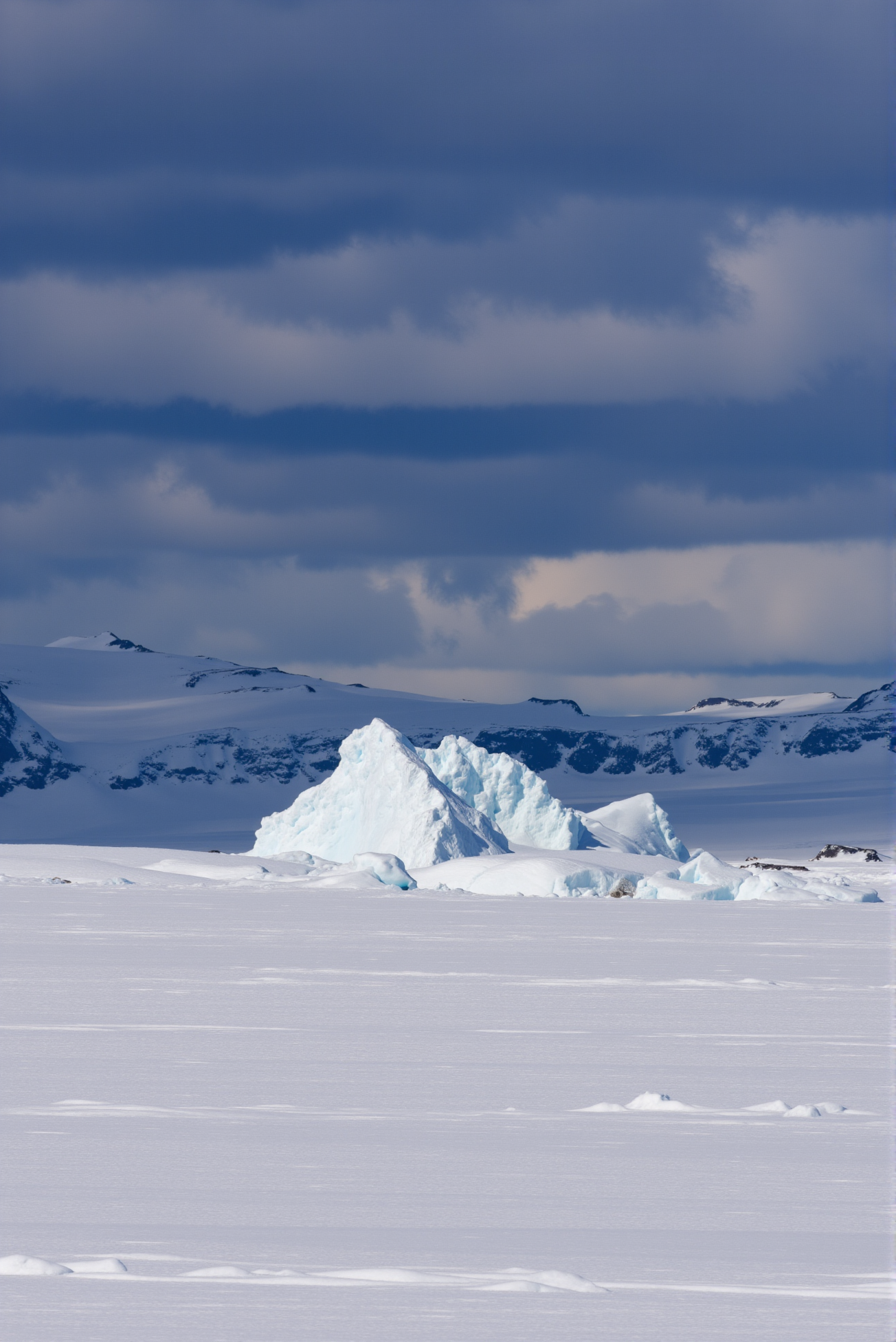 <lora:Ice_Desert_style:0.8> IceDesert style.
A distant cluster of jagged icebergs pierces the frozen seascape under an oppressive canopy of thunderous, slate-colored clouds, their stark white forms glowing against the deepening gloom like frozen spires from a mythic realm. The ice floats silently atop a flat, frozen ocean, where windblown textures curl across the snow surface in sweeping arcs and crystalline ridges. In the background, faint silhouettes of black-striped mountains loom low on the horizon, reinforcing the visual tension between stillness and impending storm. Captured from a ground-level panoramic perspective with tonal compression and moody atmospheric lighting, the scene contrasts monumental arctic silence with dramatic sky tension. Layered greys and desaturated blues saturate the scene, while the icebergs glow with spectral brilliance, their jagged peaks and crumbling flanks rendered in photorealistic texture. A masterwork of solitude, light, and primal energy—this frozen vision breathes with cold gravity beneath a sky on the verge of release.
