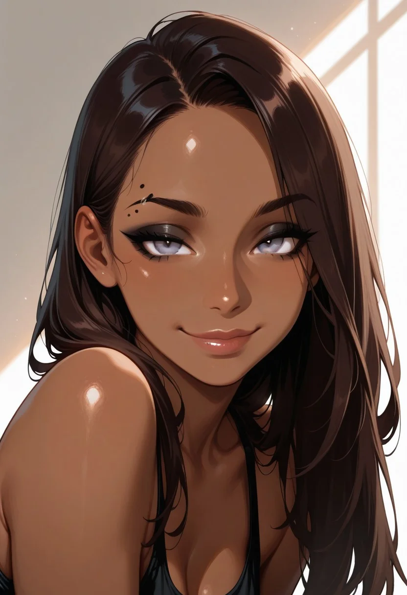 1girl, solo, VanessaW-IL, dark skinned girl, eyebrow rounded, black eyeliner basic, long hair, brown hair, gray eyes, seductive smile, amazing quality, highres, masterpiece, best quality, absurdres, 8k,