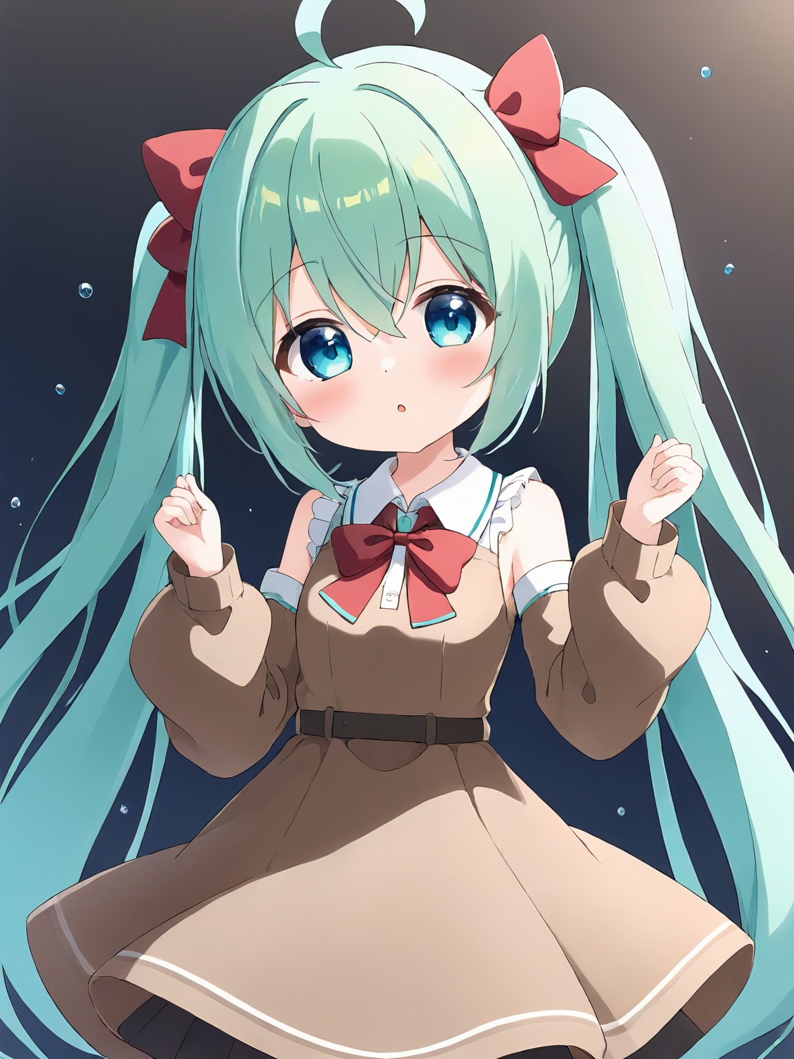 1girl,solo,dress,brown dress,long hair,twintails,green hair,sleeveless dress,long sleeves,sleeveless,very long hair,blush,blue eyes,bangs,hair between eyes,sleeves past wrists,puffy sleeves,hatsune miku,shirt,ahoge,bow,parted lips,flying sweatdrops,brown shirt,looking at viewer,juliet sleeves,collared shirt,hair bow,ribbon,hands up,black dress,red bow,small breasts,hair ribbon,head tilt,<lora:Animation illustration style supplementary model-SDXL-Locon-2025.1.16-version1-64-32-16-8:0.6>,