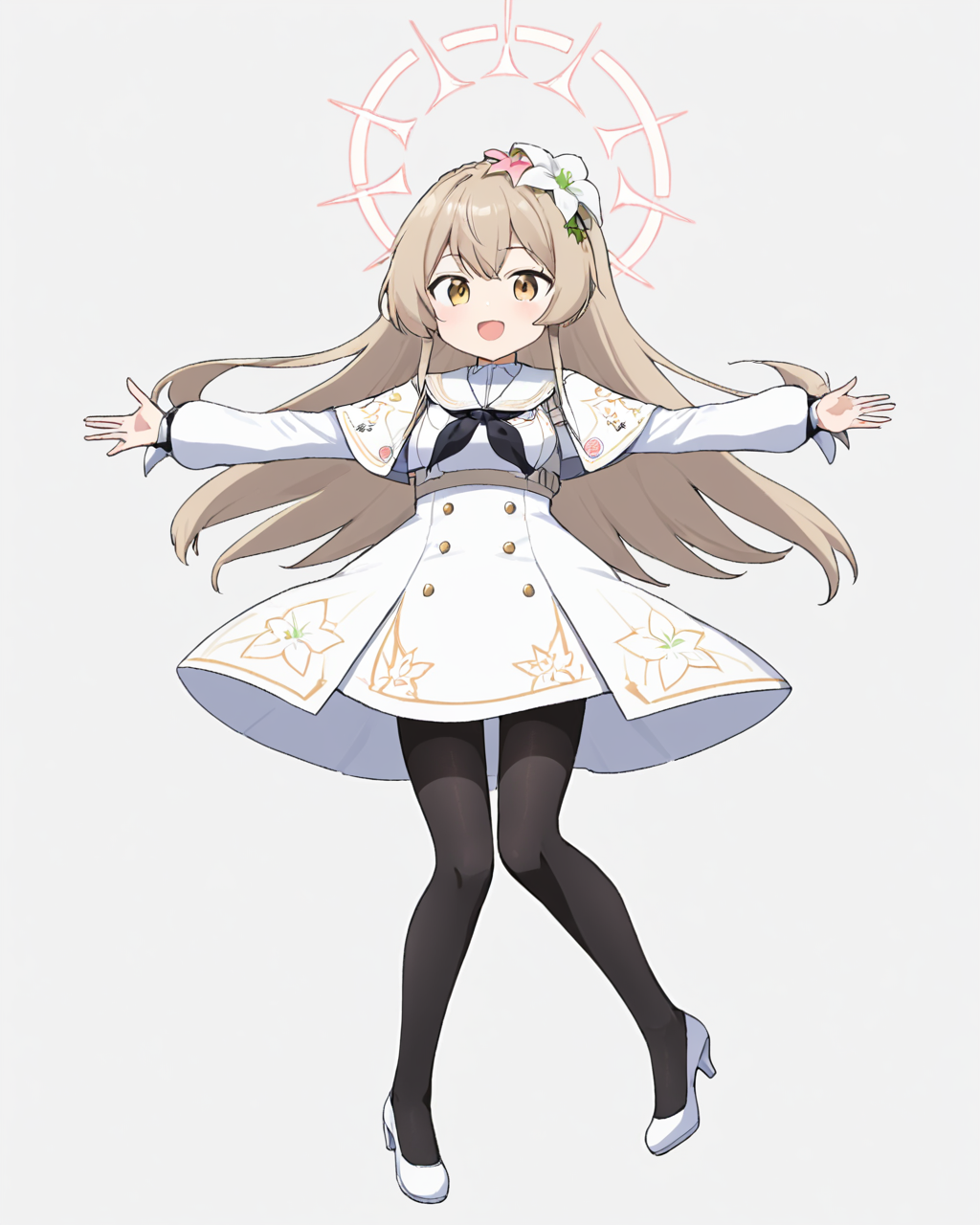 nagisa \(blue archive\),1girl, solo, hair_flower, white_footwear, halo, black_neckerchief, white_dress, high_heels, open_mouth, black_pantyhose, outstretched_arms, long_sleeves, full_body, gun, white_capelet, :d, ^_^, simple_background, white_wings, white_background, hair_bun, white_sailor_collar
<lora:nagisa_(blue_archive)_image577_2023-11-28-000015:1>halo. gorgeous,key visual, vibrant, studio anime,award-winning, professional, highly detailed,high budget, cinemascope