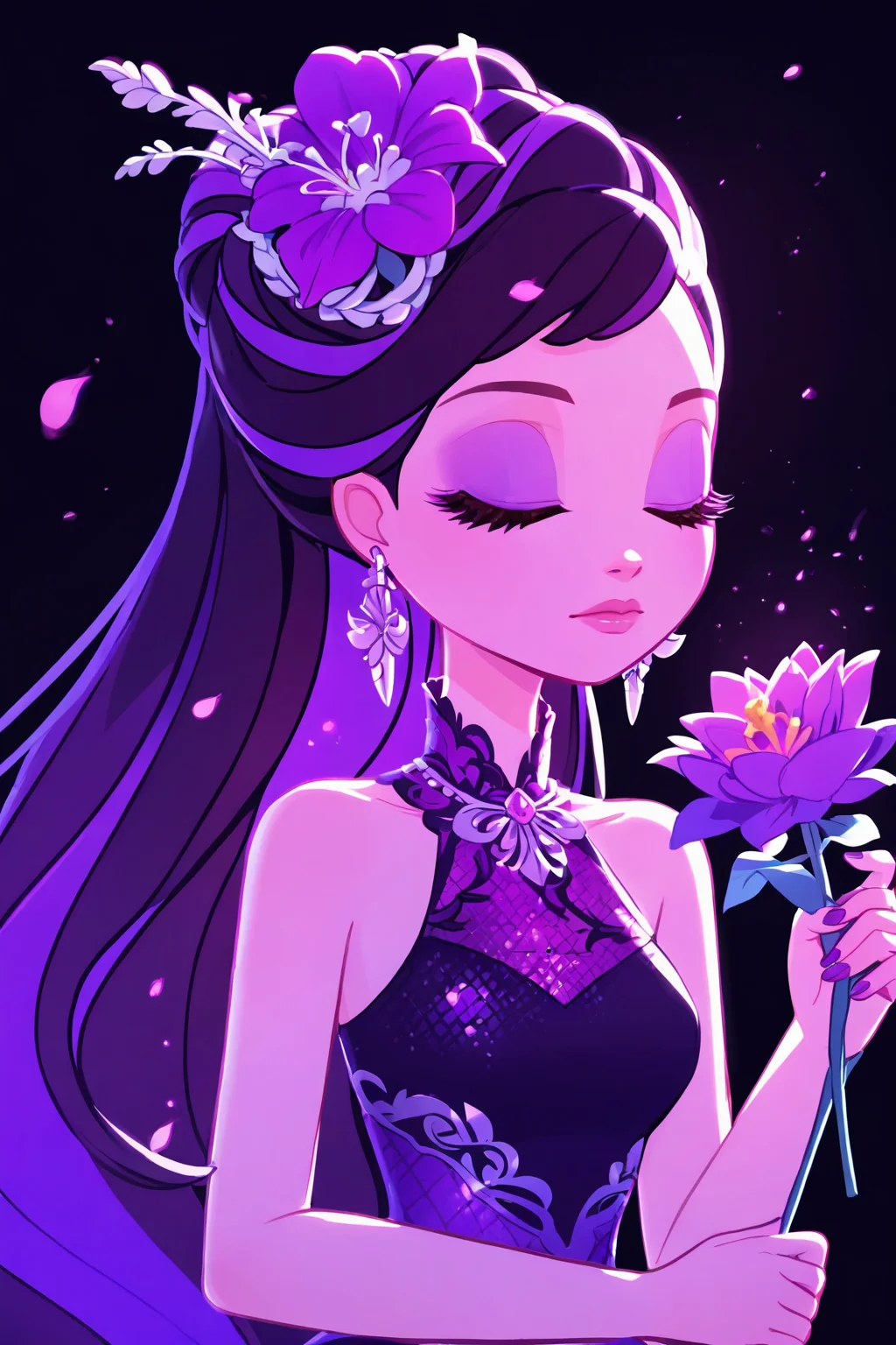 score_9, score_8_up, score_8, <lora:everafterhigh:0.8>, everafterhigh, 1girl, flower, solo, closed eyes, dress, holding, black background, holding flower, sleeveless, earrings, long hair, jewelry, upper body, hair ornament, bare shoulders, sleeveless dress, fire, black dress, closed mouth, eyelashes, black hair, breasts, facing viewer, purple hair, bare arms, purple theme, purple flower, makeup, dark background, glowing
