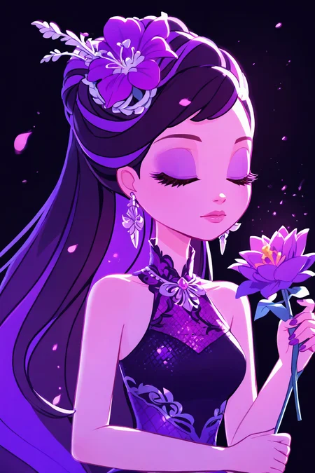 score_9, score_8_up, score_8, <lora:everafterhigh:0.8>, everafterhigh, 1girl, flower, solo, closed eyes, dress, holding, black background, holding flower, sleeveless, earrings, long hair, jewelry, upper body, hair ornament, bare shoulders, sleeveless dress, fire, black dress, closed mouth, eyelashes, black hair, breasts, facing viewer, purple hair, bare arms, purple theme, purple flower, makeup, dark background, glowing
