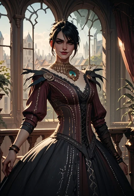 score_9, score_8_up, score_7_up, score_6_up, score_5_up, score_4_up, cowboy shot, 1girl,  hand on hip,  dai_morrigan, dai_morrigan_dress, seductive smile, interior, skyhold, grand hall, building, window, curtains, <lora:FantasyKeep_Pony:0.8>  <lora:Morrigan_DAI-000008:0.9>