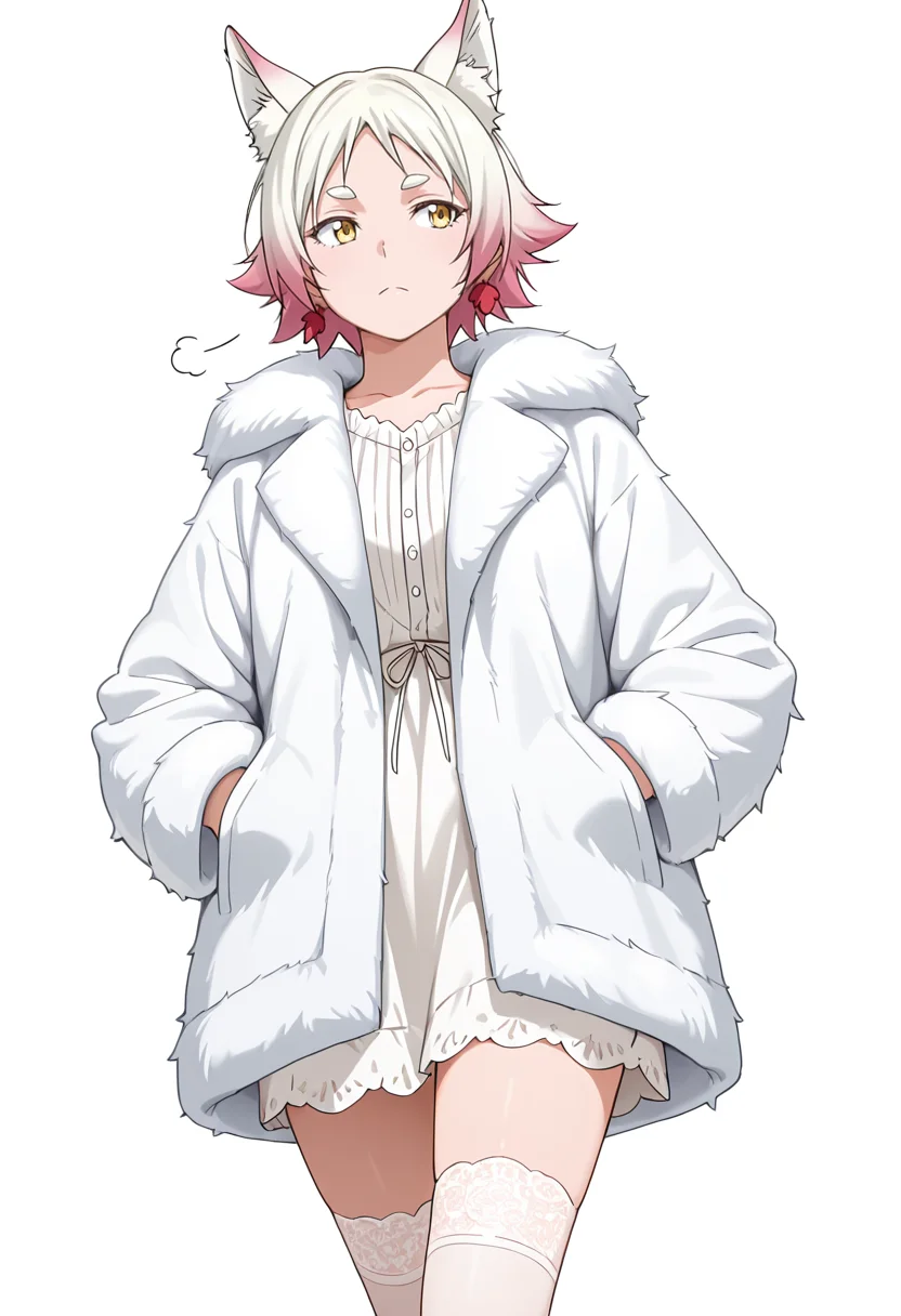 Smooth Quality,masterpiece,very intricate, high quality details, ultra realistic, high detailed skin,detailed enviorement,absurdres,
simple background, white background,solo,
walking pose, one hand in pocket, head slightly turned, casual stride, confident aura, ,sideways,sigh,frown,
blouse, ,fur coat, ,lace thighhighs, ,
<lora:Momiji_cnn:0.8> momijicnn,1girl, wolf ears, yellow eyes, white hair, pink hair, short hair, gradient hair, thick eyebrows,