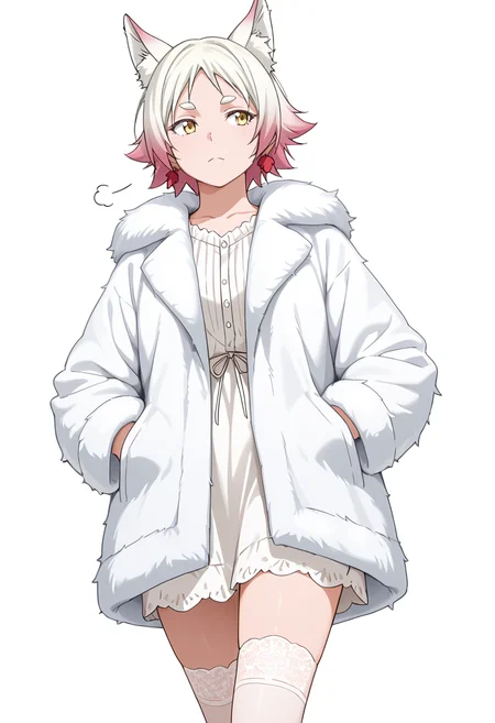 Smooth Quality,masterpiece,very intricate, high quality details, ultra realistic, high detailed skin,detailed enviorement,absurdres,
simple background, white background,solo,
walking pose, one hand in pocket, head slightly turned, casual stride, confident aura, ,sideways,sigh,frown,
blouse, ,fur coat, ,lace thighhighs, ,
<lora:Momiji_cnn:0.8> momijicnn,1girl, wolf ears, yellow eyes, white hair, pink hair, short hair, gradient hair, thick eyebrows,