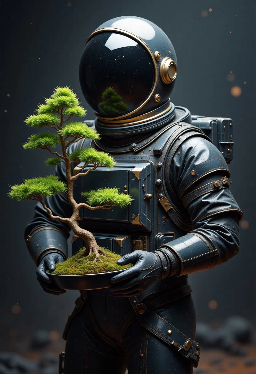 Astronaut in a sleek black spacesuit, holding a vibrant bonsai, set against a dark, gritty nanopunk astral backdrop, with intricately detailed, hyperrealistic textures, with cinematic, high-contrast lighting, and a focus on macro-level details, reminiscent of 64-megapixel HDR photography, featuring complementary colors and volumetric lighting.