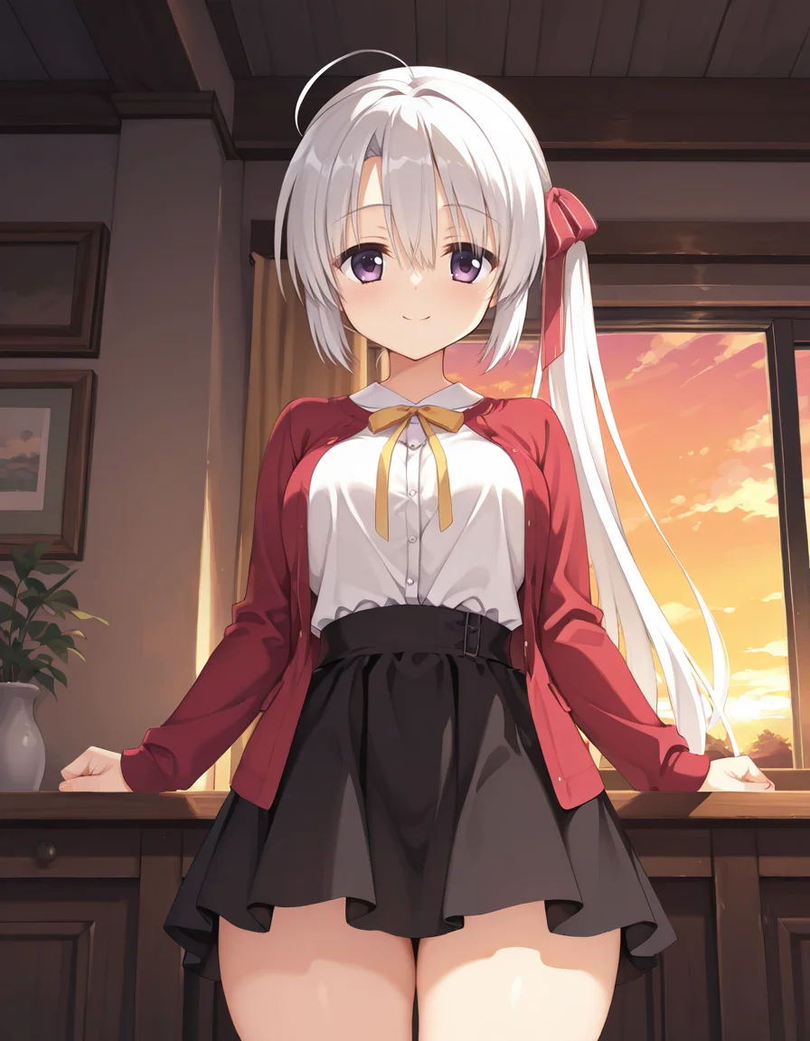 Ayachi Nene V2 (private clothes),purple eyes,white hair,ahoge,side ponytail,hair red ribbon,red jacket,white shirt,black skirt,
in the evening,Sunset,
room,house,
front view,straight-on,frontal face,front face,front angle shot,shoot from front,Facing directly forward, looking straight into the camera,(grabbing breasts:-1),
smile,
looking at viewer,
medium breasts,
hair between eyes,curvy,slim,thick thighs,detailed body, skindentation,matte skin,smooth skin,soft brightness,perfect hands,perfect fingers,five fingers,detailed hands,detailed mouth,kawaii,moe face,16k,(masterpiece,best quality,amazing quality),detailed linework,
<lora:ãµããã¦ã£ããç¶¾å°å¯§ã
illustriousV2SANOBA_WITCHAyachi_NeneillustriousV2:1:0.8>