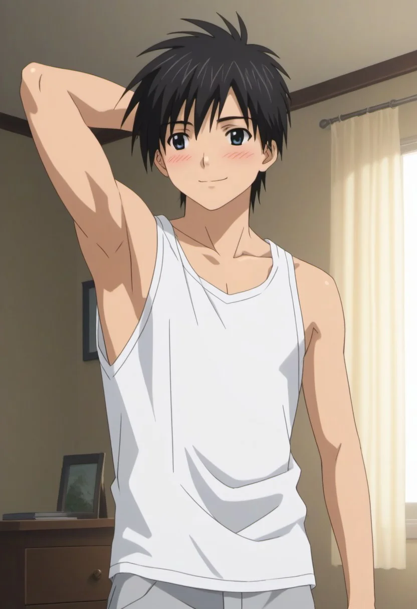 ((masterpiece)), ((best quality)), ((ultra-detailed)), ((absurdres)), score_9_up, score_8_up, score_7_up,
HD, top quality, best quality, amazing quality, High-quality illustrations, anime screencap, source_anime, best aesthetic, perfect proportions, perfect eyes, 1boy, 1male, solo boy, solo male, male focus, solo male focus, Anime, boy, male anime character, anime boy, handsome, cute, charming, sexy, good-looking, Junpei Manaka, black hair, black-gray eyes, white tank top, gray shorts, ((inside house, morning, living room)), ((blushing, small smile, looking away)), ((one arm behind head))