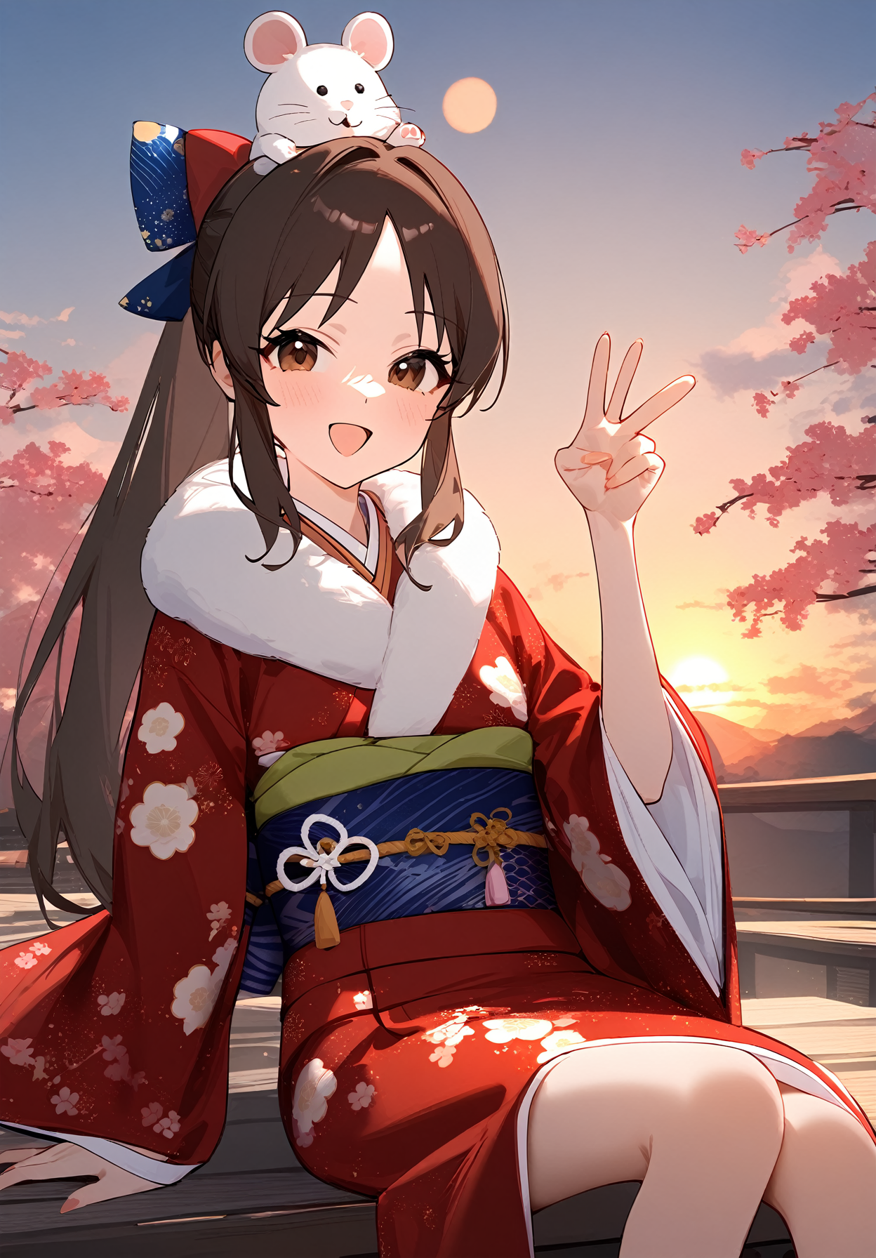 1girl, 
tachibana arisu, idolmaster, 
red kimono, furisode, new year, kimono, sitting, outdoors, :d, year of the rat, tree, solo, blue bow, happy new year, bow, feet out of frame, chinese zodiac, sun, medium bangs, brown eyes, sky, hair bow, v, fur-trimmed kimono, obi, smile, sash, cloudy sky, fur trim, sidelocks, red bow, parted bangs, floral print, cloud, arm support, fake animal ears, long hair, wide sleeves, animal ears, 2020, japanese clothes, brown hair, blush, sunrise, ponytail, on head, 
masterpiece, newest, absurdres, safe
 <lora:2080ti_ag31_tachibana_arisu-000007:1> <lora:a31_style_koni:1>