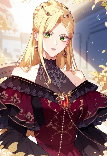 zPDXL3, score_9_up, score_8_up, score_7_up, (Anime_source), 1girl, PAriaRoscente, green eyes, blonde hair, long hair, Aria dress, updo hair, looking at viewer, particles, parted lips