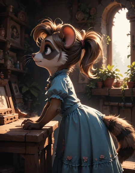 toon, [PonyScores7 :0.3] fur, fluffy, cute,  dark background,  raccoon,  dress,  from side, tail, ponytail,  leaning forward, table, window,
<lora:dark_slider_xl:0.2>
<lora:Goldie_pony:0.4> m0use_goldie,
[realistic :0.3][photo \(medium\) :0.5], volumetric lighting, backlighting, shadow, cinematic, sharp focus,
<lora:Detailed_Backgrounds_pony_v1:1>