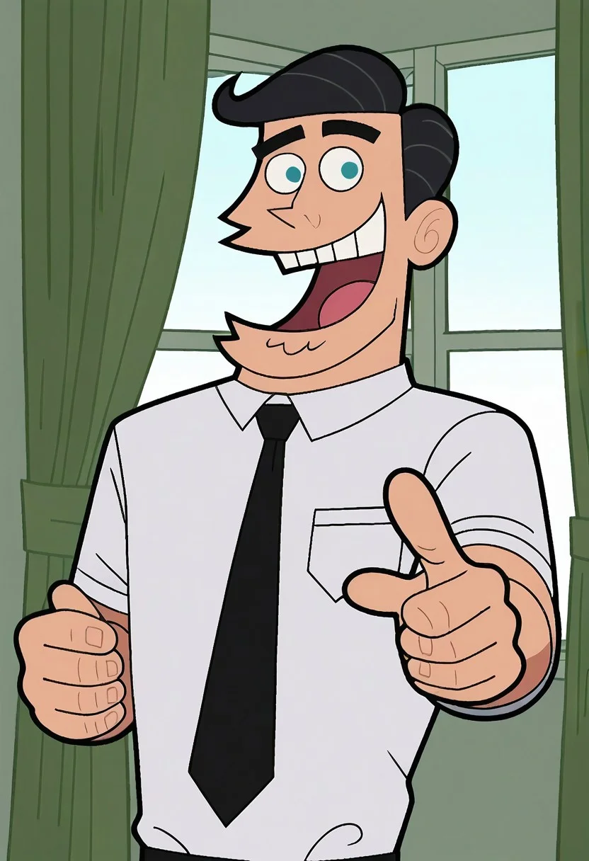 score_9, score_8_up, score_7_up, score_6_up, score_7_up,source_cartoon BREAK mrturner, 1boy, male focus, pointing, window, solo, curtains, open mouth, shirt, smile, necktie, white shirt, black hair, black necktie, blue eyes, teeth, BREAK  indoors,bedroom