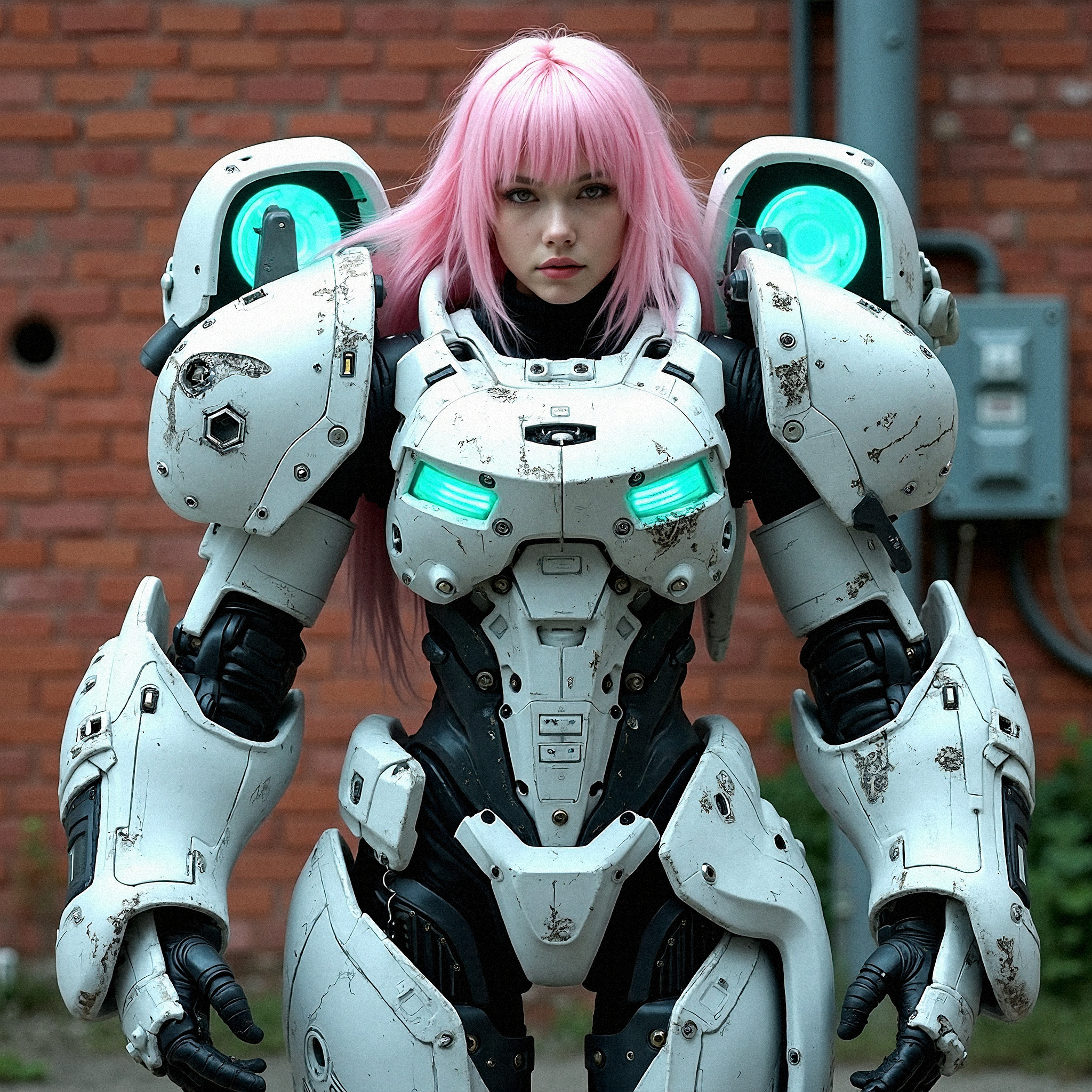 photorealistic portrayal of a female warrior encased in a heavily armored mech suit. Her suit is a blend of futuristic technology and combat-ready functionality, featuring an array of weapons systems integrated into the massive arm attachments that extend from her shoulders. The suit’s armor is primarily white, with black and gray accents that add depth and dimension, while bright neon teal lights highlight various functional parts. These glowing teal lights can be seen on the chest, arms, and legs, giving the suit an otherworldly, cybernetic appearance. The armor is meticulously detailed with visible screws, hydraulic systems, and joint mechanisms, which suggest enhanced strength and agility. Her face, framed by soft, pink hair, is calm and determined, contrasting with the industrial and formidable design of her suit. The background is  brick wall with a small hole on the center, a utility pole with attached electrical panel right behind her,   allowing the intricate details of the suit to stand out, showcasing the character as a powerful blend of human and machine.

With one arm resting on her hip, the other extended behind her, her pink hair flowing over her shoulder.
