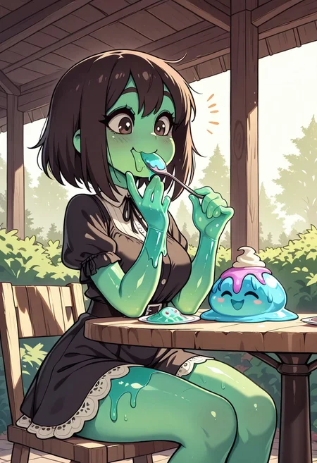 gothic_glittercore, masterpiece,best quality,amazing quality, 1 woman, outdoor café, sitting at a table, eating slime cream, slime gelato, slime morph, happy, spoon, comfy vibes
artist melkor mancin
