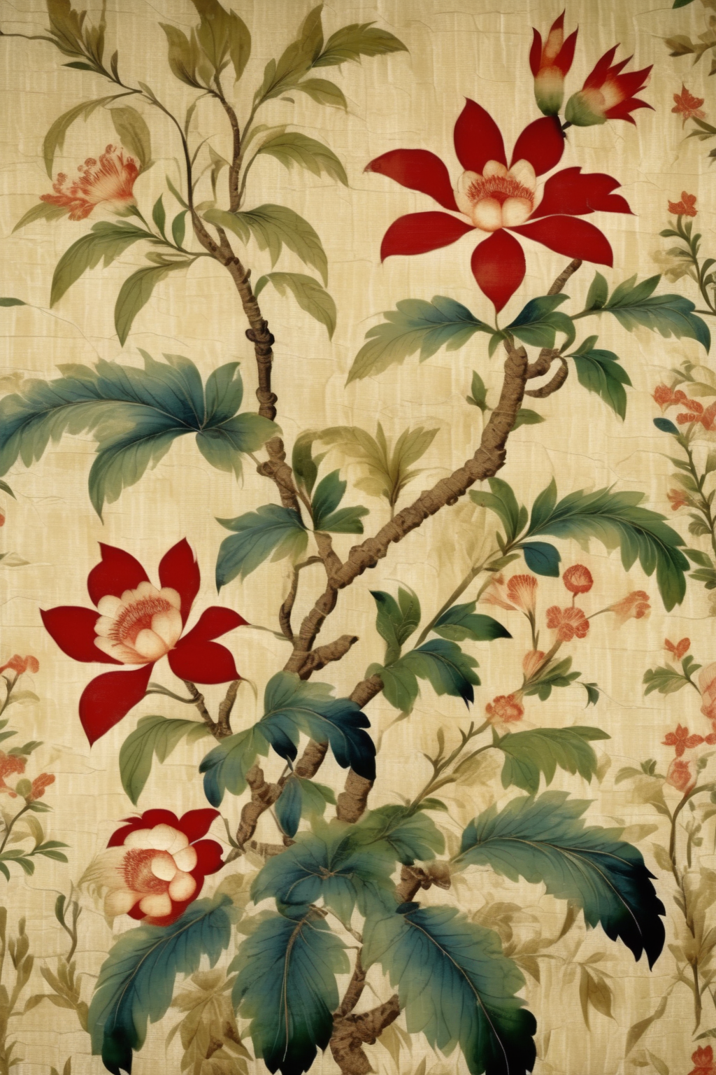 <lora:Anna Maria Garthwaite Style:1>Anna Maria Garthwaite Style - ancient chinoiserie oriental botanical florals on crackled textured woven paper