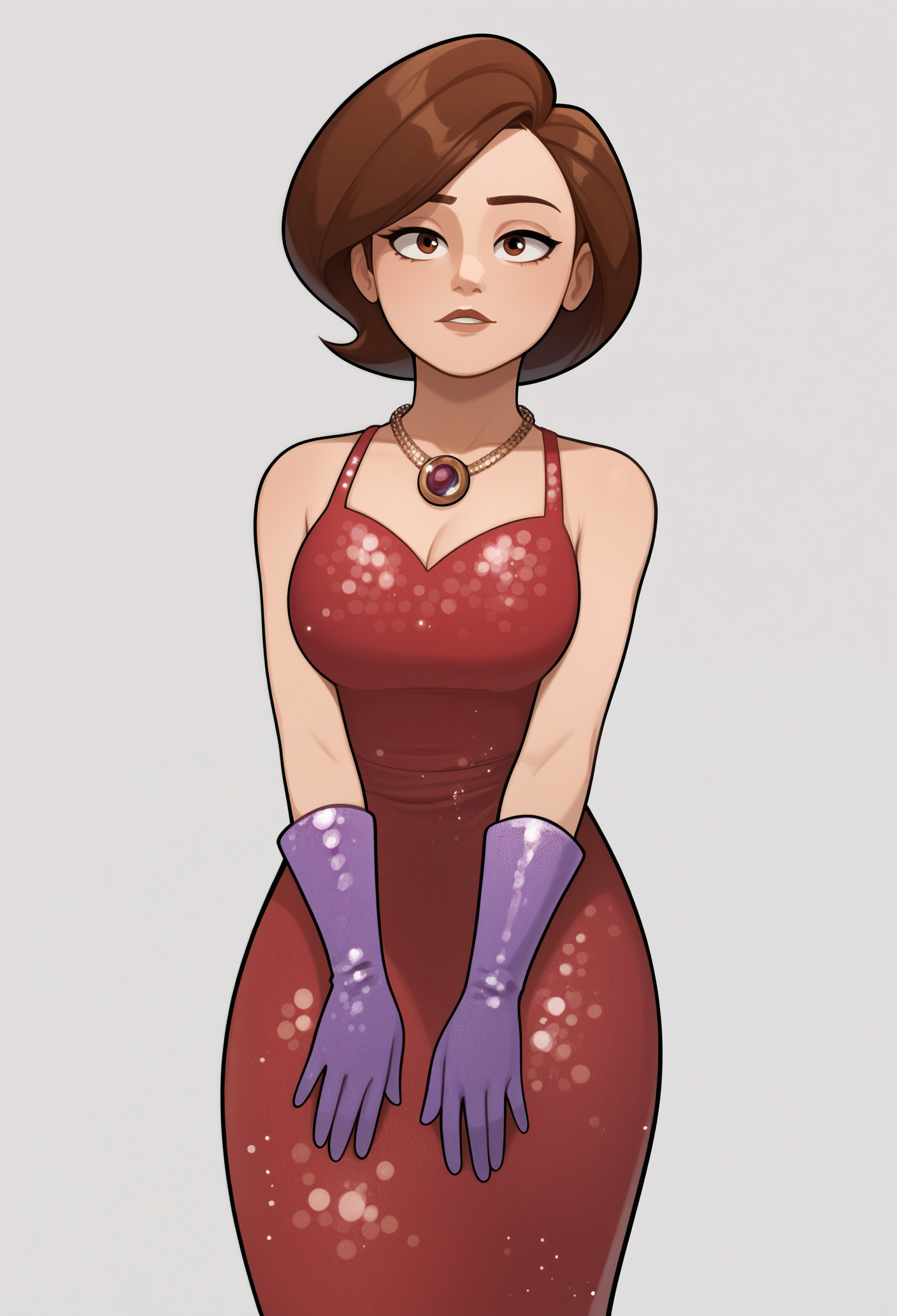 1girl, solo, helen parr, red dress, necklace, glitter dress, purple gloves, 
score_9, score_up_7, <lora:Kohei_Horikoshi-PonyV1-guy90:1>, ihshok