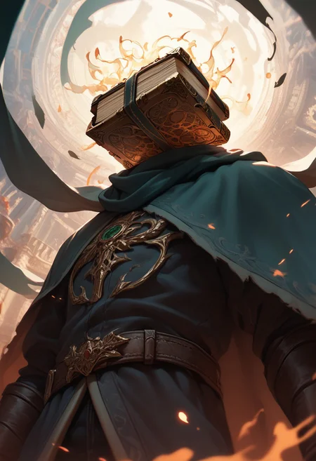 easynegative, source_anime, zPDXL2, extremely detailed, score_9, score_8_up, score_7_up, score_6_up, object_head, h3ad, <lora:Insert_Head_Here:1> zzmagicbook, open book, fluttering pages, long scarf, object_head, flowing cloak, powerful spell, close up:1.5, portrait, dynamic pose, from below