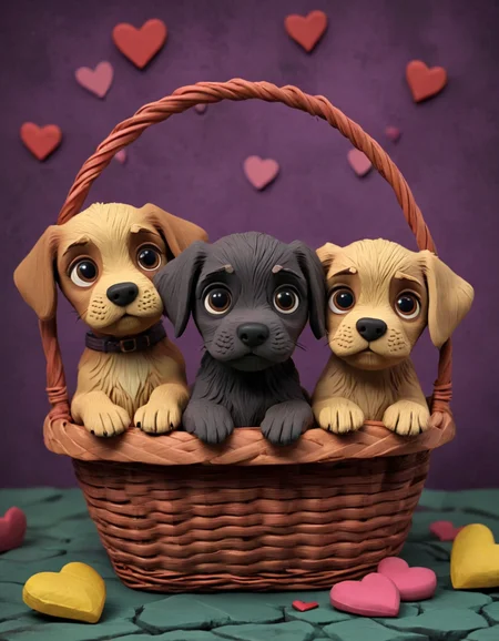 novuschroma51 style three cute puppies in a basket, hearts claymation <lora:novuschroma51 style_claymation:1>