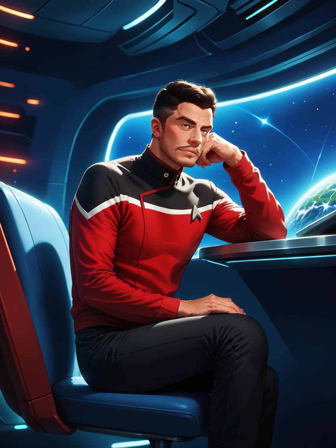 score_9, score_8_up, score_7_up, score_6_up, score_5_up,rating_safe, man in sttldunf star trek black uniform, red sleeves,black pants, sitting in a chair,on a spaceship,spaceship interrior<lora:STTLPony:0.8>