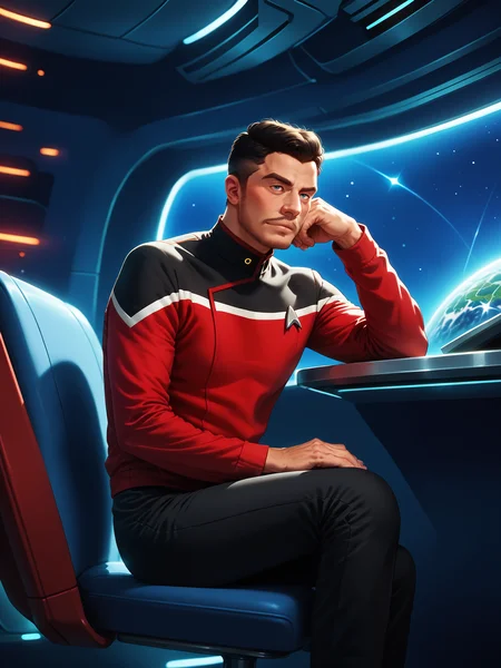 score_9, score_8_up, score_7_up, score_6_up, score_5_up,rating_safe, man in sttldunf star trek black uniform, red sleeves,black pants, sitting in a chair,on a spaceship,spaceship interrior<lora:STTLPony:0.8>