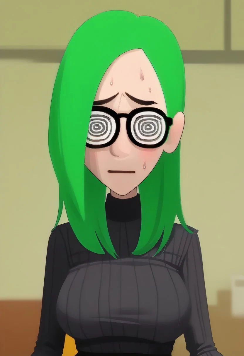 score_9, score_8_up, score_7_up, score_6_up, score_5_up, score_4_up, best quality, ultra detailed, source_anime, intricate details, perfect anatomy, tbmidoriko, green hair, medium hair, hair over one eye, hair behind ear, coke-bottle glasses, 1girl, breasts, female, huge breasts, solo focus, pov, sweat, Trouble, embarrassment,