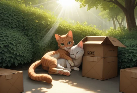 Masterpiece, best quality, ultra-detailed, 2cats, cat family, outdoors, bright sunny day, lush green trees, peaceful park setting, large cardboard box tipped over on its side, (box on side: 2), wide open entrance, worn edges, slight creases, BREAK, orange tabby cat, (standing on top of the box: 1.8), tail slightly raised, ears perked, gazing upward with a thoughtful expression, contemplating something unseen, sunlight casting a warm glow on its fur, BREAK, other cat, black and white fur, curled up comfortably inside the box, nestled in the shadows, peacefully sleeping, paws tucked under, soft breathing visible, relaxed posture, side view, gentle contrast between warm sunlight and cool shade inside the box, immersive and tranquil atmosphere.