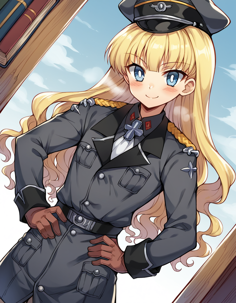 score_9, score_8_up, score_7_up, source_anime, <lora:retia-adolf-ponyxl-lora-nochekaiser:1>, retia adolf, blue eyes, blonde hair, wavy hair, bangs,, gloves, hat, military uniform, peaked cap, zettai ryouiki,, bookstore, browsing shelves, new book smell, finding a favorite, quiet atmosphere, smile, , hands on stomach, blush,, solo,, cowboy shot, dutch angle