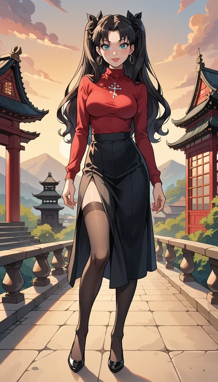 score_9, score_8_up, score_7_up, Western Comics, Full Body Shot, Rin Tohsaka, cute, seductive, innocent, light smile:0.3, plump lips, slender body, aqua eyes, long wavy black hair, twin tails tied with black ribbons, red turtleneck, black skirt, long black stockings under brown leather flats, sunset, buddhist temple background, depth of field, dynamic angle, fashion photography, sharp, hyperdetailed:1.15