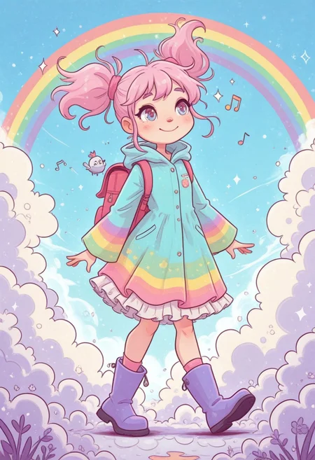 (in style of fujimoto tatsuki style:1.2), art by naomi_lord, pastel colors, colorful,
1girl,
masterpiece, best quality, amazing quality,
full body, solo,
petite, twintails, raincoat, backpack, frilled skirt, rubber boots,
walking, on cloud, happy, humming, musical note, rainbow, sparkle, blue sky, sunlight, bird,
very aesthetic, absurdres, hyper-detailed, 8k uhd, absolutely eye-catching, ambient occlusion, raytracing,