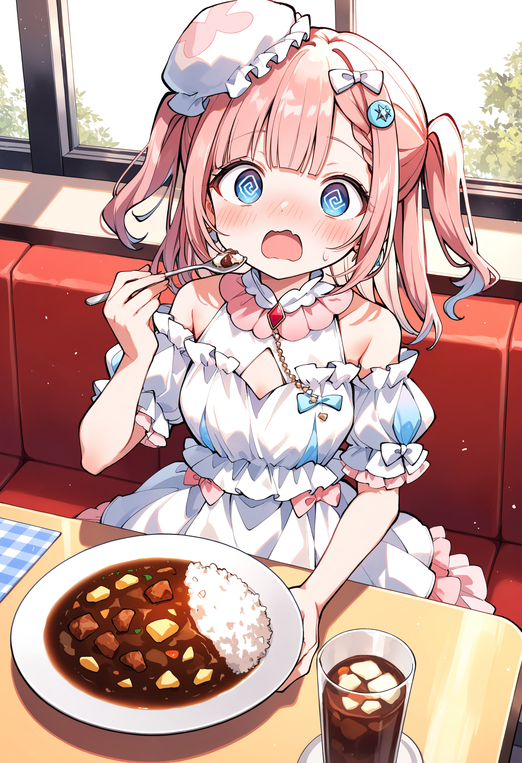 masterpiece, best quality, newest, absurdres, highres, safe, intricate details,
1girl, sirahosi awawa, solo, pink hair, two side up, medium hair, asymmetrical bangs, blue eyes, flustered, @_@, open mouth, looking at viewer, 
white dress, bare shoulder, small breasts, layered skirt, hat, ribbon, hair bow, 
sitting, across table, Family restaurant, eating, on table, curry rice on dish, holding spoon, 
<lora:sirahosi_awawa_v1_noob_epsilon_pred_1:0.8>