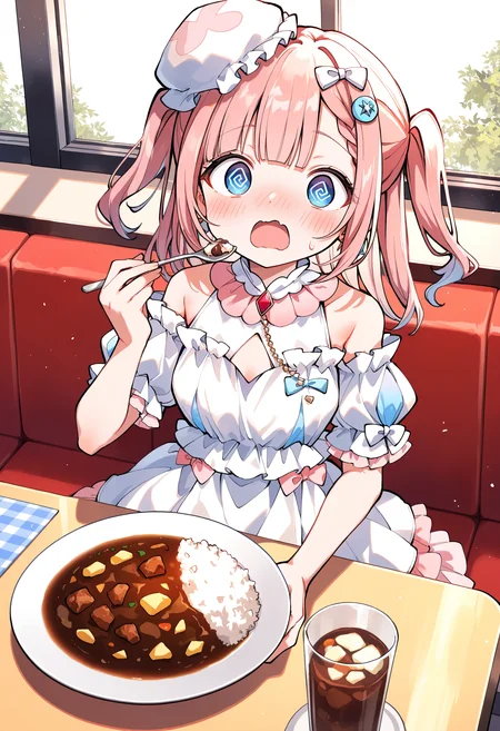 masterpiece, best quality, newest, absurdres, highres, safe, intricate details,
1girl, sirahosi awawa, solo, pink hair, two side up, medium hair, asymmetrical bangs, blue eyes, flustered, @_@, open mouth, looking at viewer, 
white dress, bare shoulder, small breasts, layered skirt, hat, ribbon, hair bow, 
sitting, across table, Family restaurant, eating, on table, curry rice on dish, holding spoon, 
<lora:sirahosi_awawa_v1_noob_epsilon_pred_1:0.8>