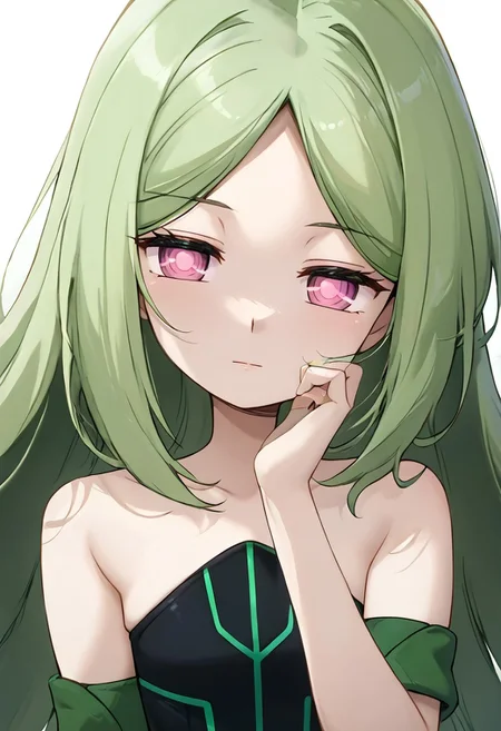 score_9, score_8_up, score_7_up, source_anime, highres, hi res, best quality, masterpiece, 2d, intricate details, anime, 4k,
1girl, solo, female, momose kajitsu,Green hair, long hair, parted bangs, pink eyes, small breasts, bare shoulders,Green striped black dress, long skirt,strapless, strapless dress,green armband,
white background,
eyelashes, close-up, reflection, eyes focus,
foreshortening, looking at viewer,