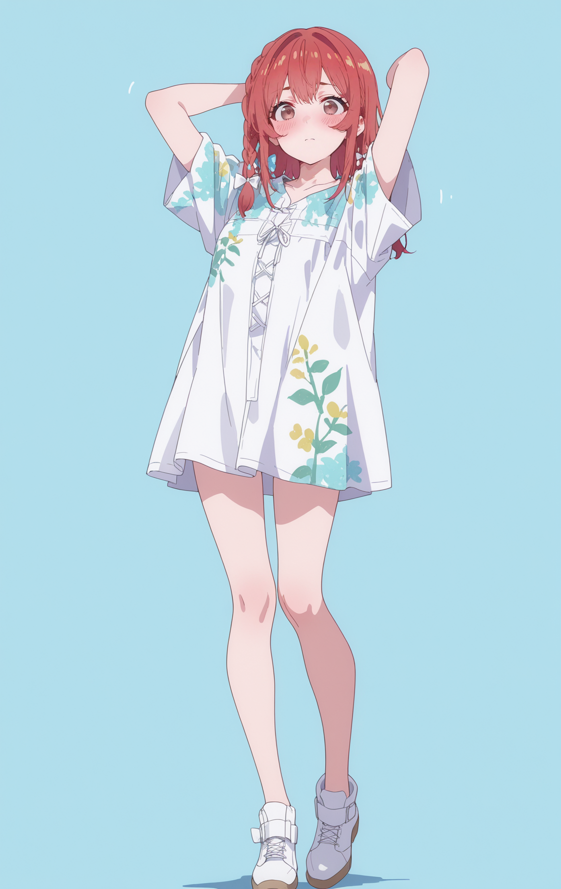 masterpiece,best quality,newest,absurdres,highres,
front view,full_shot,Delighted expression,looking_at_viewer,
<lora:SakurasawaSumiCYQL:1>,SakurasawaSumiCYQL,1girl,solo,red hair,braid,single braid,hair bow,brown eyes,blush,Zen style, minimalist clothing, natural fabrics, neutral colors, clean lines, understated accessories, relaxed silhouettes, mindfulness-inspired fashion,
full body,standing,arms_up,,
azure background,simple background,
<lora:ponyv4_noob1_2_adamW:0.7>,<lora:spo_sdxl_10ep_4k-data_lora_webui:0.6>,<lora:USNR STYLE_XL_loha:0.45>,<lora:748cmSDXL:1>,usnr,748cmstyle,