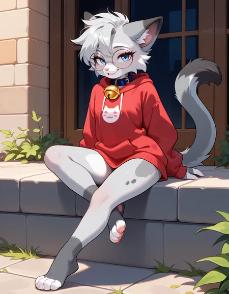 masterpiece, best quality, very aesthetic, absurdres,
outdoors, casual, 
full body, posing, 
seductive smile, parted lips, long eyelashes,
<lora:Nixuelle_v01_NAIXL:1>
Nixue11e,1girl,solo,furry,furry female, cat girl, cat ears, short hair, grey hair, blue eyes, round eyewear, snout, animal nose, collar, neck bell, body fur, two-tone fur, grey fur, white fur, cat tail,